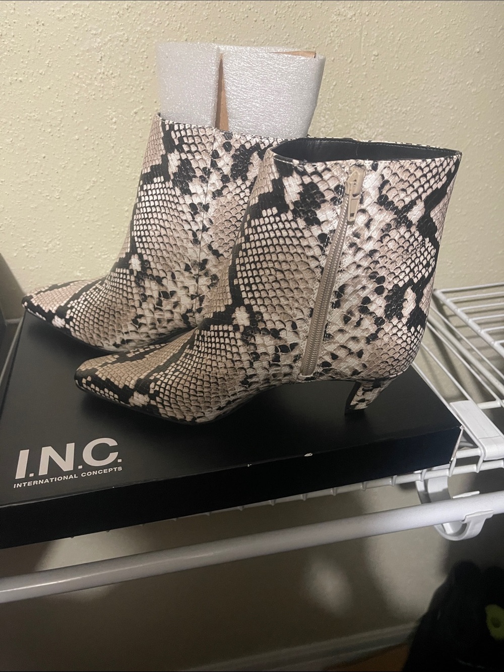 INC International Concepts Beige and Black Snake-Print Ankle Booties